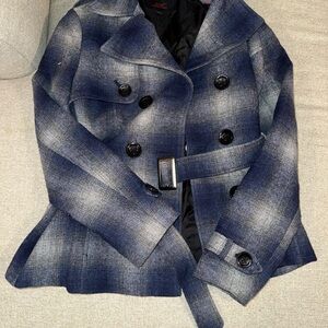 Elegant Navy Plaid Pea Coat